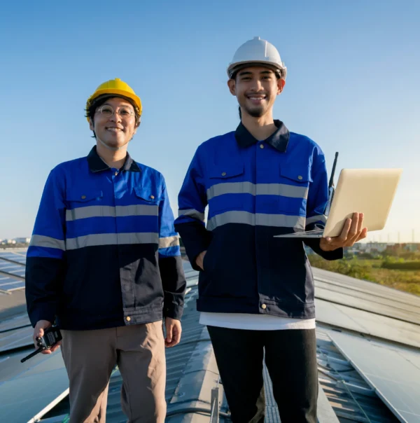 portrait-smiling-professional-engineer-with-laptop-tablet-maintenance-checking-installing-solar-roof-panel-factory-rooftop-sunlight-engineers-team-survey-check-solar-panel-roof